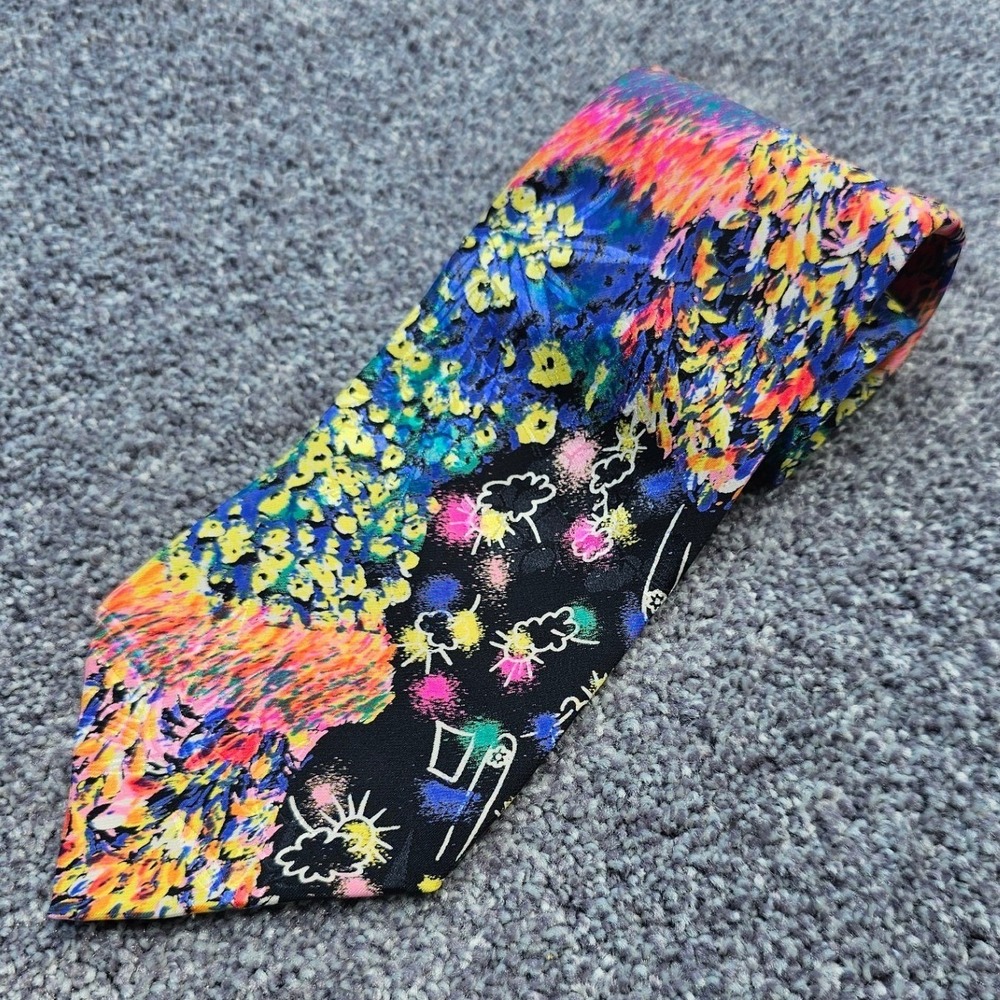 Vtg Brioni rare gold chain tag Multicolor Abstract Floral Graphic Italian silk